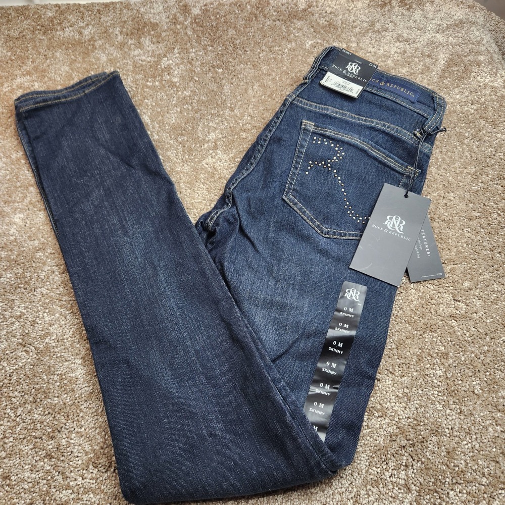 Rock & Republicโ Luna Pie Skinny Jeans Dark Indigo Studded Back Pockets 0M NEW